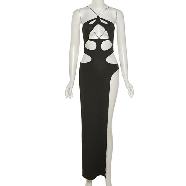 Cryptographic Backless Halter Cut Out Hight Split Maxi Dress