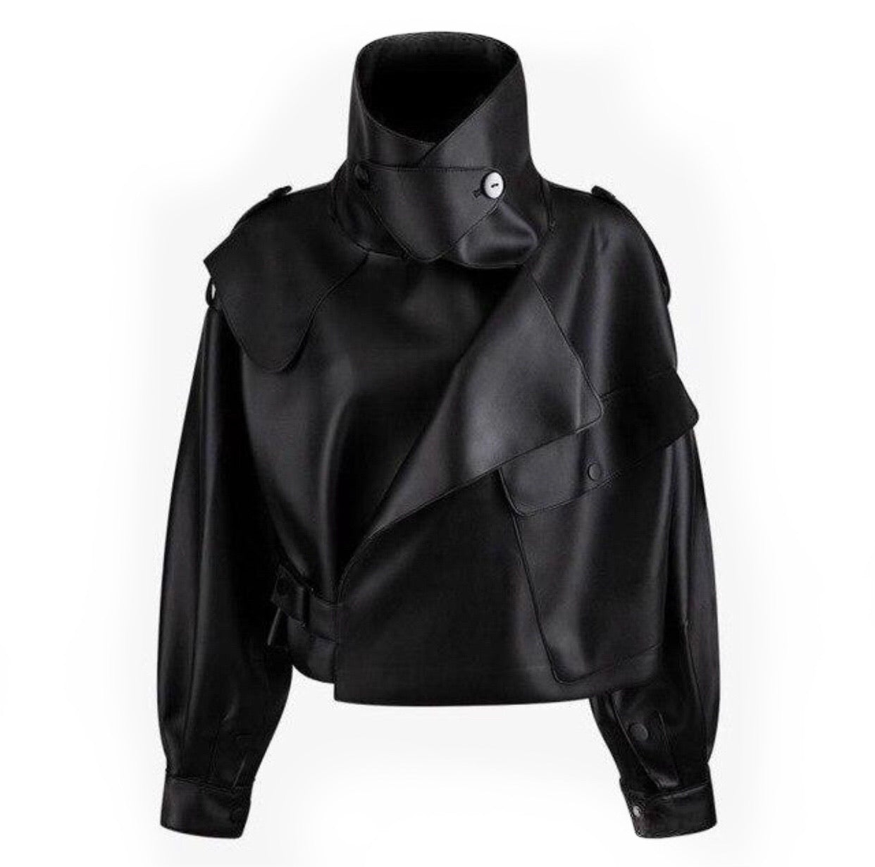Oversized Turn Down High Neck Collar Black Vegan Leather Jacket