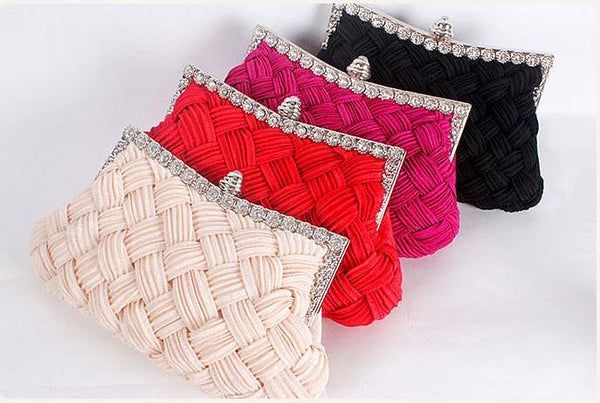 Woven Satin Evening Clutch Bag With Crystal Decoration
