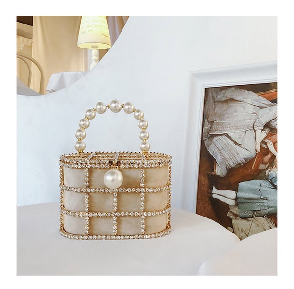 Diamond Jewel Cage Bucket Bag with Pearl Handle