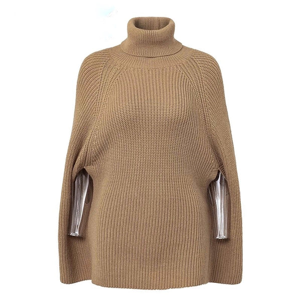 Oversize Knitted Sweater Cloak with Batwing Sleeves and Turtleneck