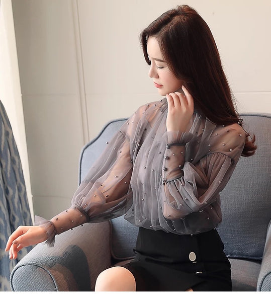 Puff Sleeve High Neck Chiffon Blouse with Pearl Drop Buttons and Detail