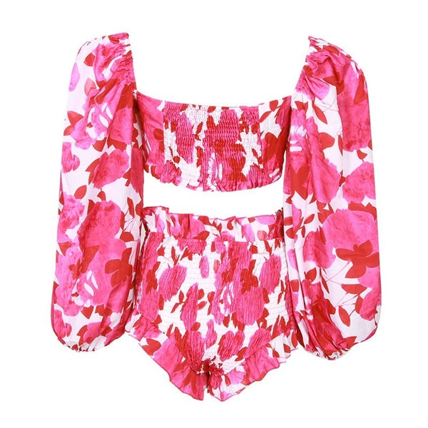 Summer Print Two Piece Lantern Sleeve Top and Shorts Set