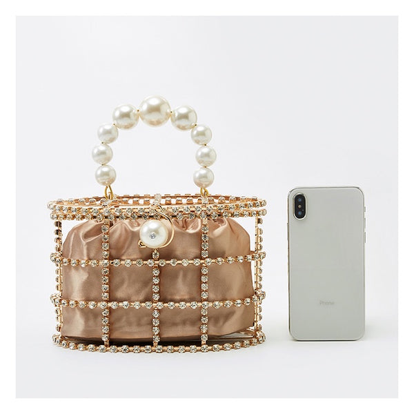 Gold Diamond Jewel Cage Bucket Bag with Pearl Handle