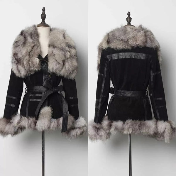 Genuine Suede and Leather Jacket with Fur Collar and Cuffs