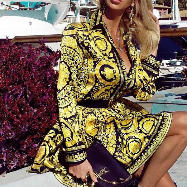 Donatella Gold and Black Print Short Dress