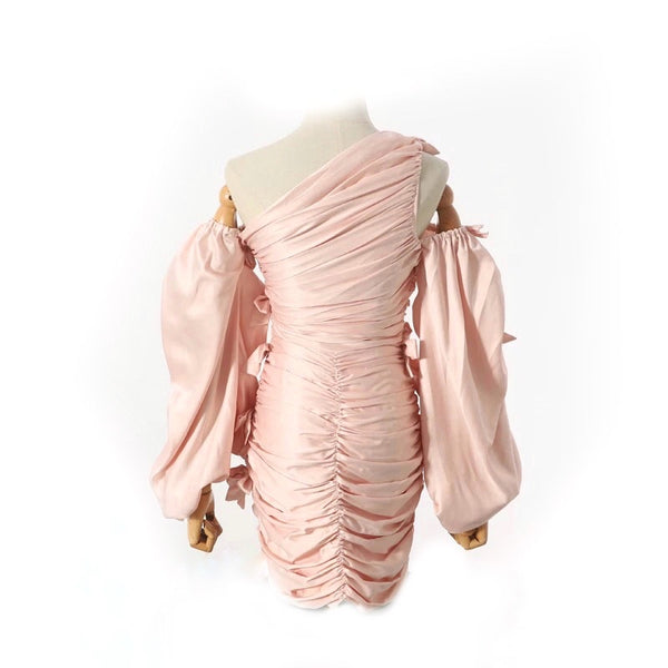 Champagne Pink Off Shoulder Asymmetric Mini Dress