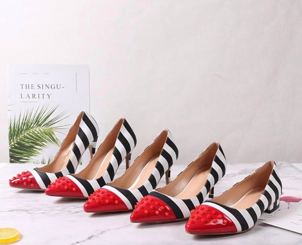 Nautical Stripe Studded Pointed Toe Shoes