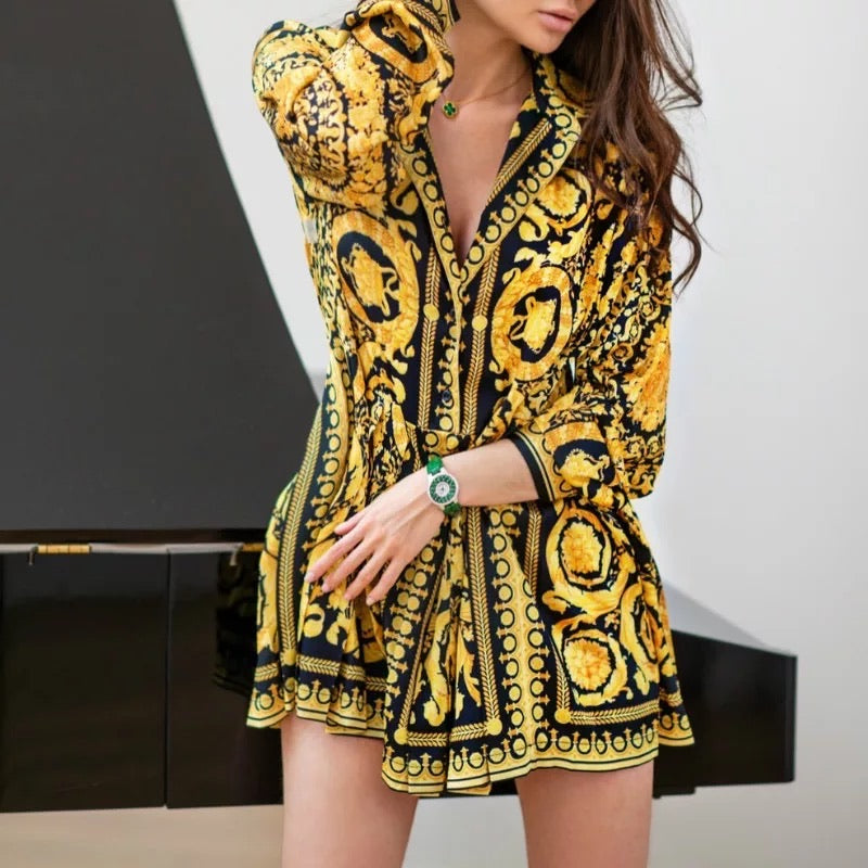 Donatella Gold and Black Print Short Dress
