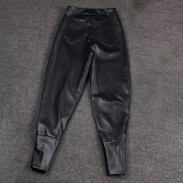 High Waist Black PU Leather Harem Pants