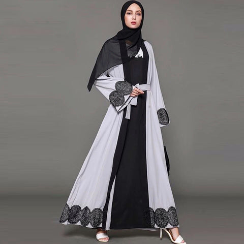 Grey Linen belted Abaya Robe with Black Embroidered detail