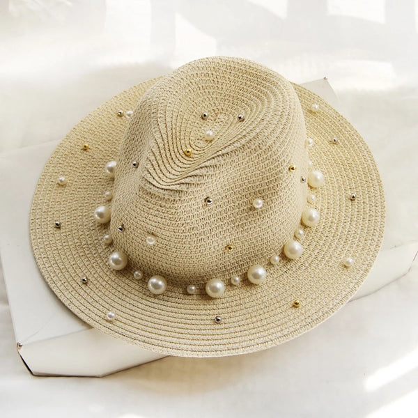 Straw Sun Hat with Pearl and Gold Stud detail