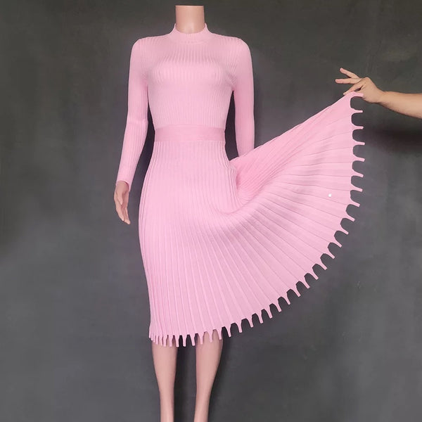 Ribbed Knit Long Pleated Dress