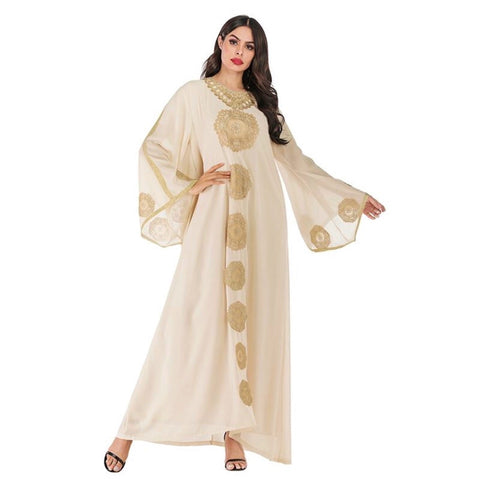 Gold Embroidered Apricot Abaya Robe with Loose Flare Sleeves and Scarf