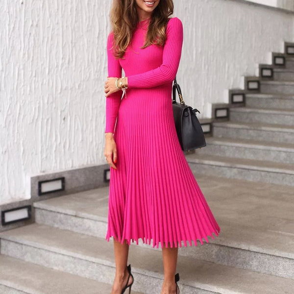 Ribbed Knit Long Pleated Dress