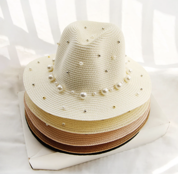 Straw Sun Hat with Pearl and Gold Stud detail