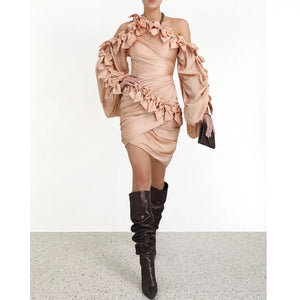 Champagne Pink Off Shoulder Asymmetric Mini Dress