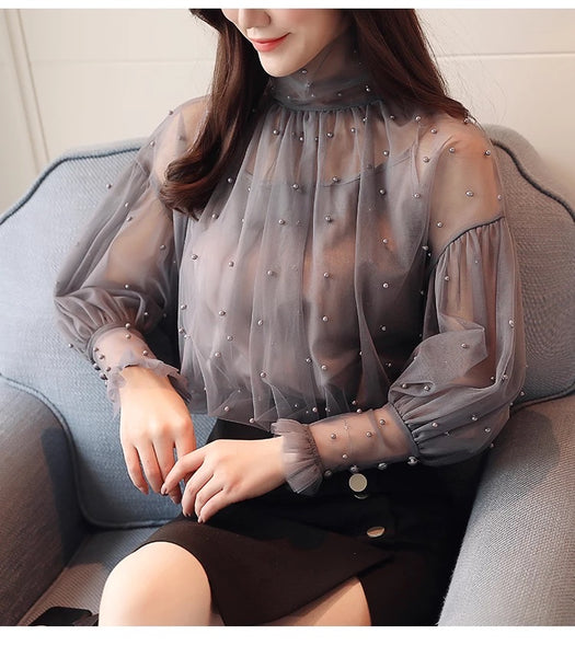 Puff Sleeve High Neck Chiffon Blouse with Pearl Drop Buttons and Detail