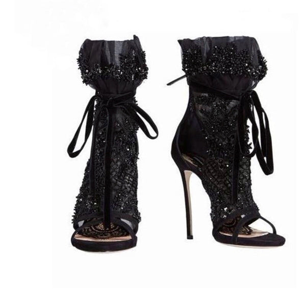 Runway Black Lace Crystal Studded Open Toe Stiletto Boots