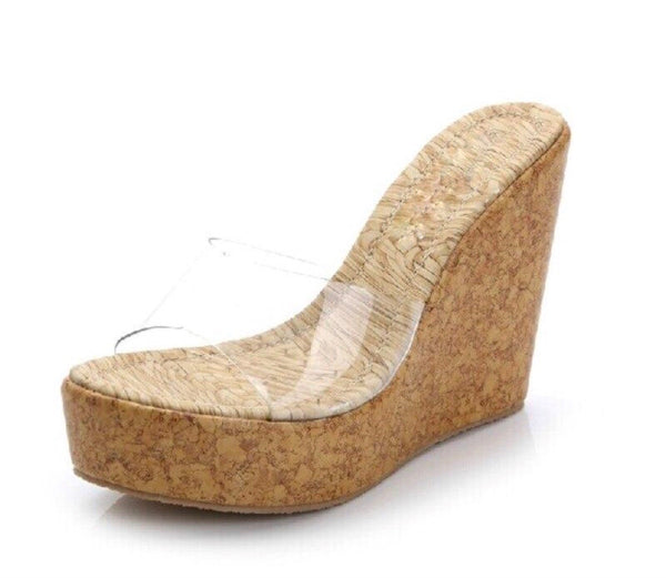 Clear Transparent Cork Wedge Platform Shoes