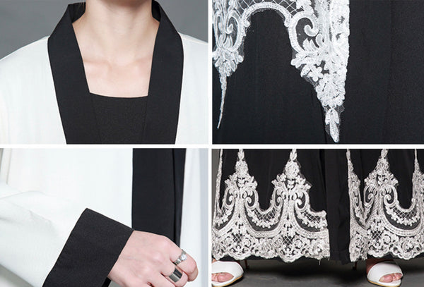 Black and White Fancy Lace Robe Abaya with Belt