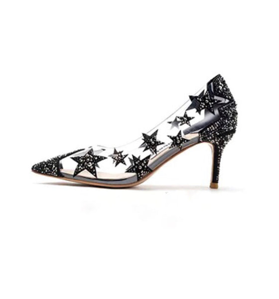 Transparent Crystal Sequin Star High Heel Pointed Toe Shoes