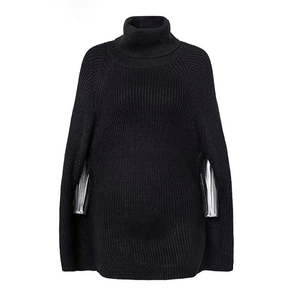Oversize Knitted Sweater Cloak with Batwing Sleeves and Turtleneck
