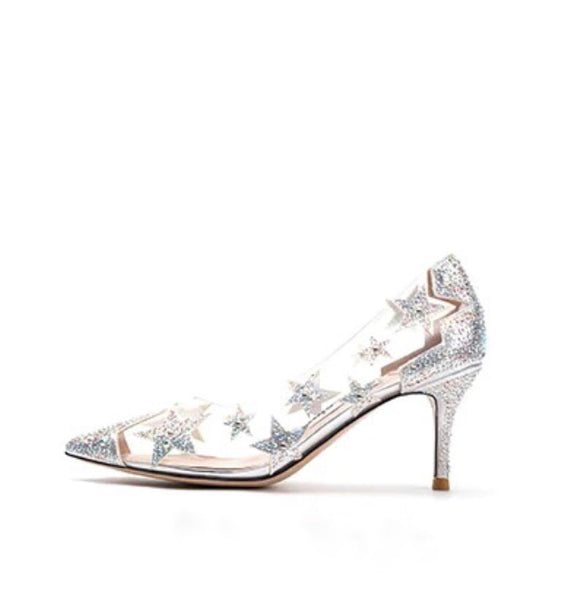 Transparent Crystal Sequin Star High Heel Pointed Toe Shoes