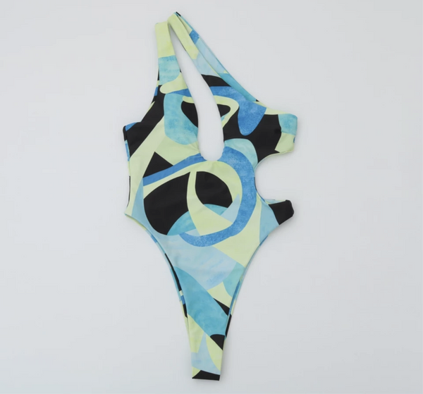 Retro Print Hollow Out One Shoulder Swim Bodysuit