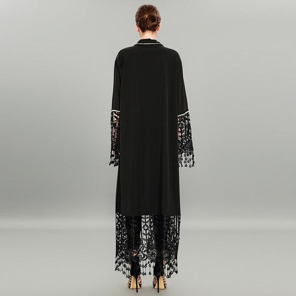 Black Lacy Abaya Robe with Cream Trim Detail