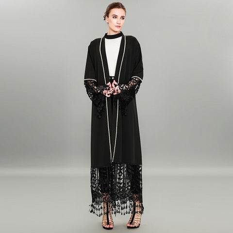 Black Lacy Abaya Robe with Cream Trim Detail