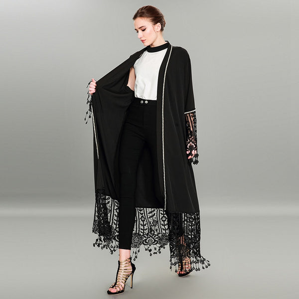 Black Lacy Abaya Robe with Cream Trim Detail