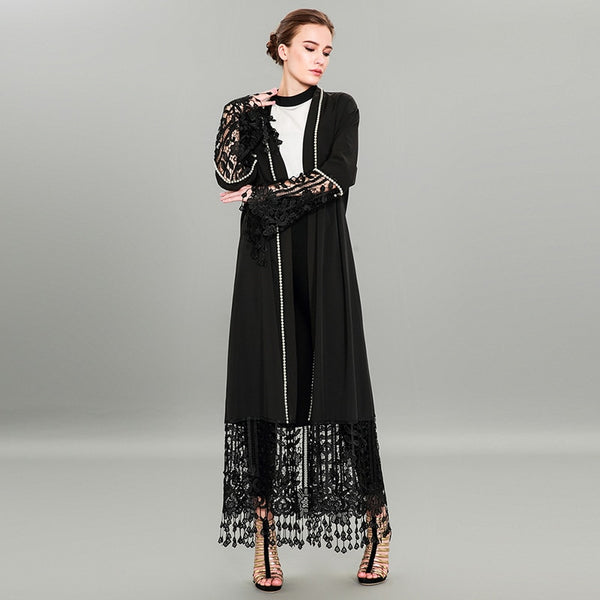 Black Lacy Abaya Robe with Cream Trim Detail