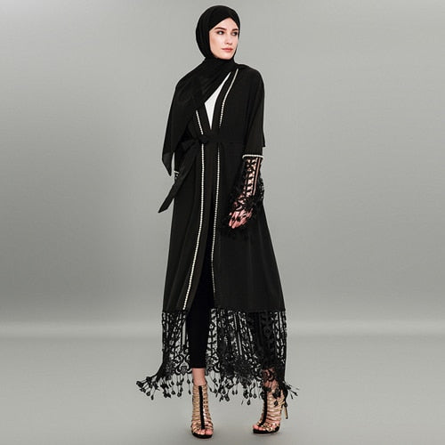 Black Lacy Abaya Robe with Cream Trim Detail