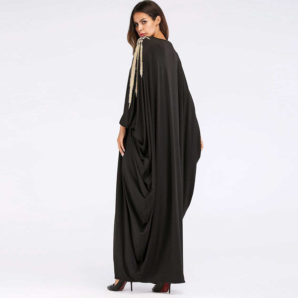 Black Batwing Loose Abaya Style O-Neck Gown with Gold Embellishment Detail