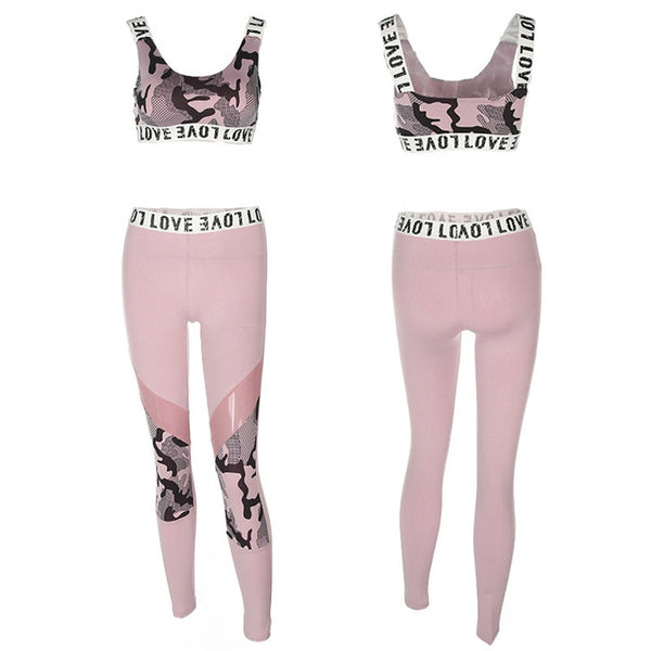 Two Piece Pink Army Print Gym Sports Bra and Yoga Leggings Set