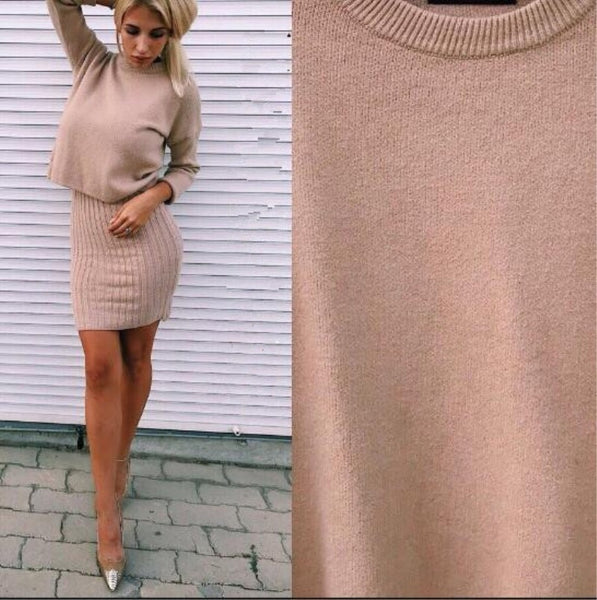 Two Piece Ribbed Knit Dress and Long Sleeve Sweater Set