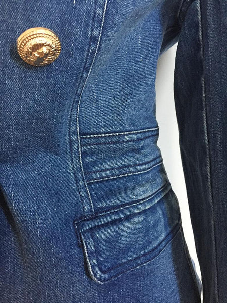 Stylish Denim Blazer Jacket with Gold Lion Buttons