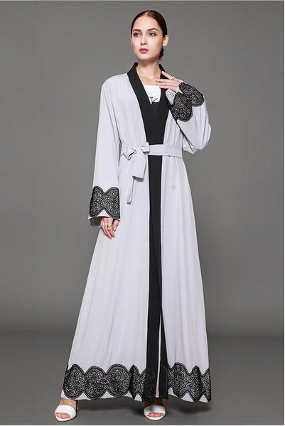 Grey Linen belted Abaya Robe with Black Embroidered detail