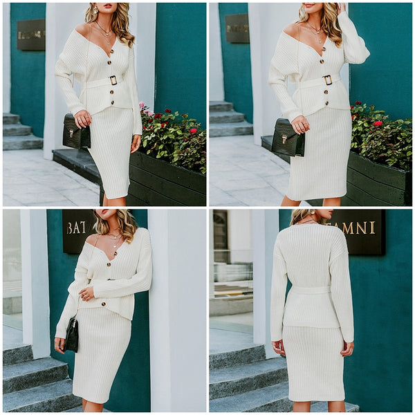Elegant White Two Piece Knitted Skirt with Belted Button Up Cardigan