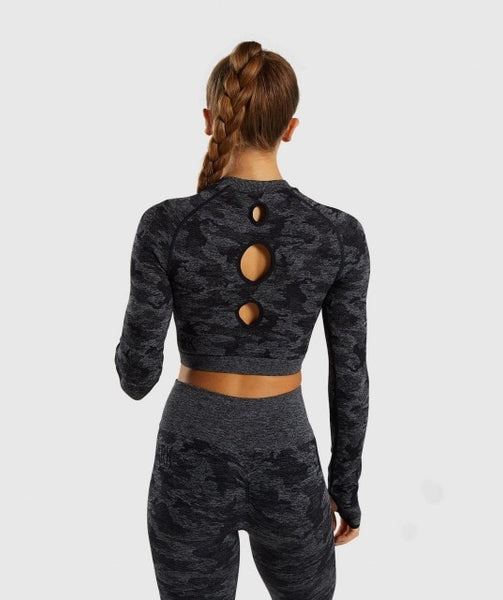 Two Piece Seamless Army Camouflage Long Sleeve Top and Gym Leggings Set