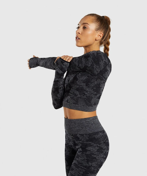 Two Piece Seamless Army Camouflage Long Sleeve Top and Gym Leggings Set