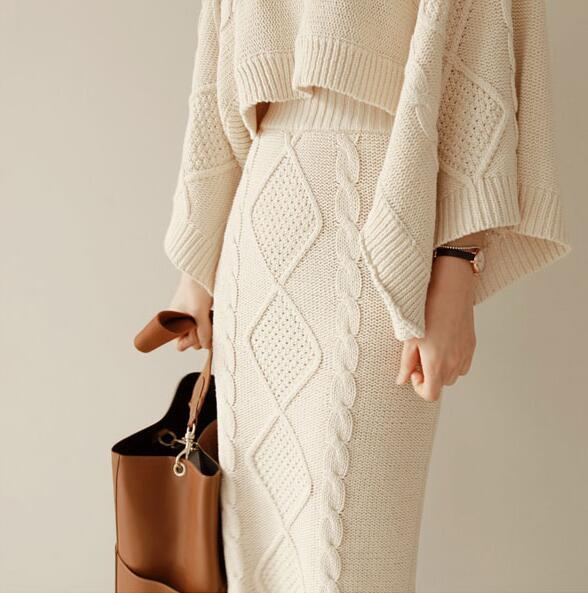 Two Piece Knitted Batwing Sweater and Bodycon Split Pencil Skirt Set
