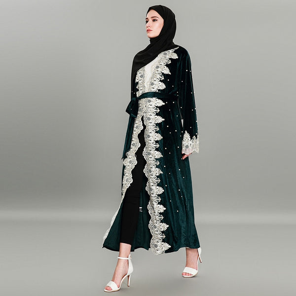 Green Velvet Pearl Beaded Abaya Robe with Lace Trim