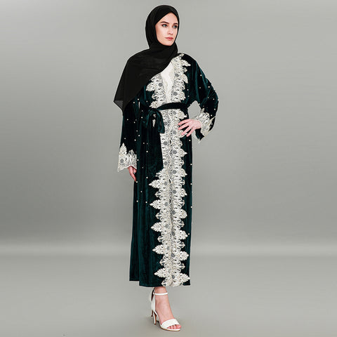 Green Velvet Pearl Beaded Abaya Robe with Lace Trim