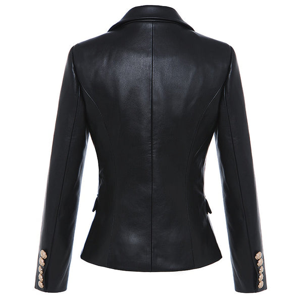 Fitted Vegan Leather Blazer Jacket with Gold Buttons