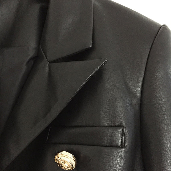 Fitted Vegan Leather Blazer Jacket with Gold Buttons