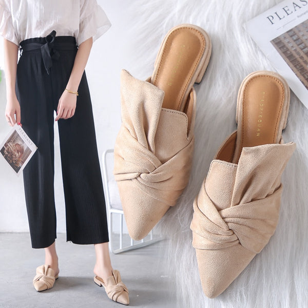 Big Knot Bow Pointed Toe Slip on Mule Shoes