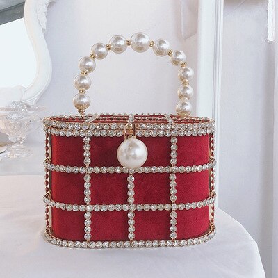 Diamond Jewel Cage Bucket Bag with Pearl Handle
