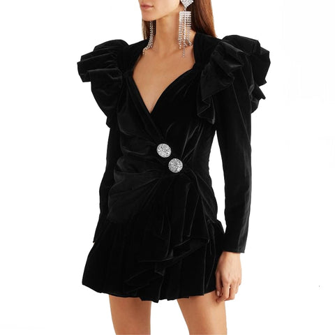 Diamond Detail Black Puff Sleeve Velvet Dress